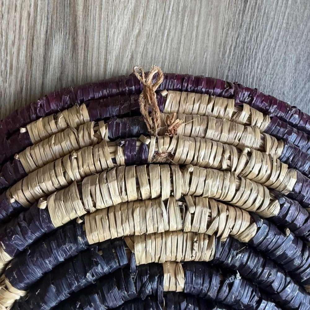 Set of 3 Handwoven Coiled Seagrass Wall Baskets Boho Burgundy Natural Decor